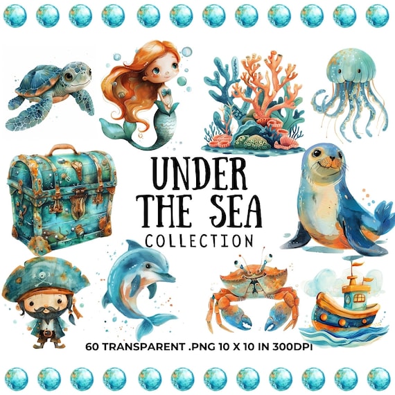 Watercolor Sea Life Clipart: Mermaid, Ocean Animals (PNG Digital Download)