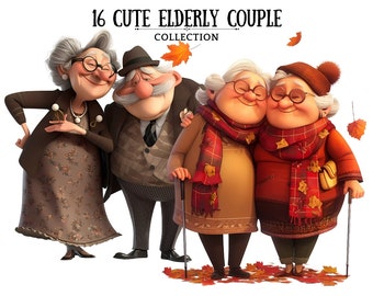 Elderly Couple Cartoon Clipart, PNG Files (Digital Download)