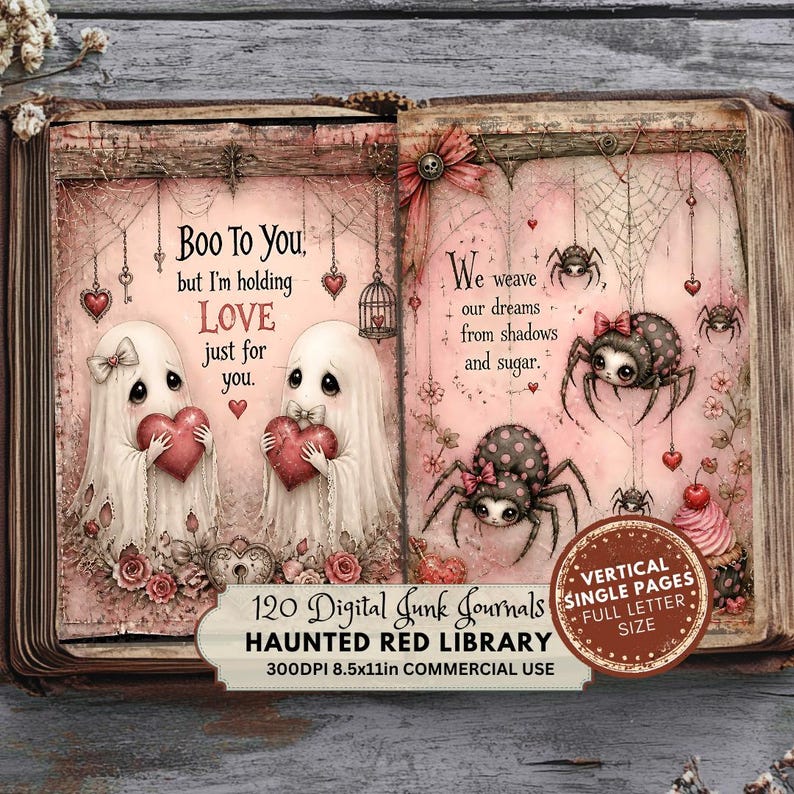 May include: A digital junk journal page set featuring two white ghosts holding red hearts, spiders, and cobwebs on a pink background. Text reads: Boo To You, but I'm holding LOVE just for you. We weave our dreams from shadows and sugar. 120 Digital Junk Journals, 8.5x11in.