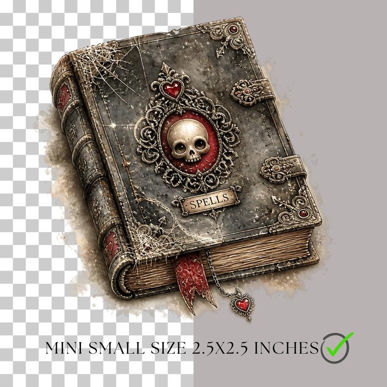 Puede incluir: Un libro gris oscuro titulado SPELLS con un emblema de calavera en un marco rojo y dorado, detalles met&aacute;licos en las esquinas, un marcap&aacute;ginas de cinta roja con un dije de coraz&oacute;n y el texto mini small size 2.5x2.5 inches en la parte inferior.
