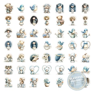 May include: A collection of watercolor stickers featuring various designs in shades of blue and beige. The stickers include birds, teddy bears, dolls, bunnies, hedgehogs, and other cute illustrations. The text "BEAUTIFUL DESIGNS!" is visible on a sticker.