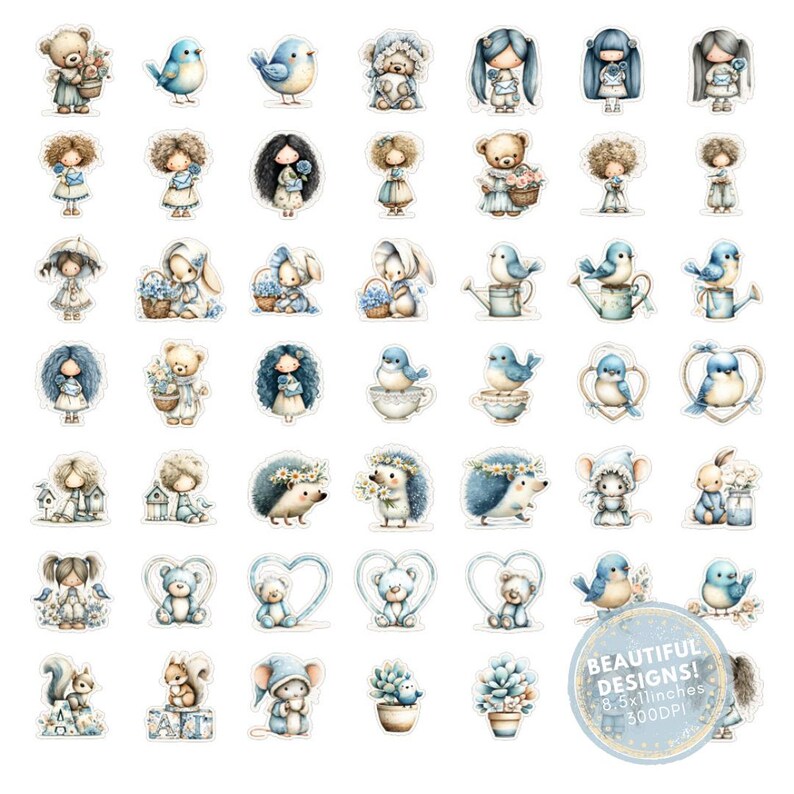 May include: A collection of watercolor stickers featuring various designs in shades of blue and beige. The stickers include birds, teddy bears, dolls, bunnies, hedgehogs, and other cute illustrations. The text "BEAUTIFUL DESIGNS!" is visible on a sticker.