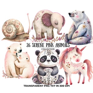 Imágenes prediseñadas PNG de animales lindos, florales y rosados con detalles brillantes, animales durmiendo tranquilos, para decoración de guardería, elefante, unicornio, oso