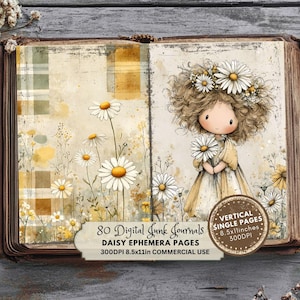 Peut inclure: Livre ouvert avec des illustrations de marguerites et une fille de dessin anim&eacute; portant une couronne de marguerites. Les pages pr&eacute;sentent une esth&eacute;tique vintage avec des accents jaunes et verts. Texte : "80 Digital Junk Journals, Daisy Ephemera Pages, 21.6x28cm, 300 DPI, Commercial Use."