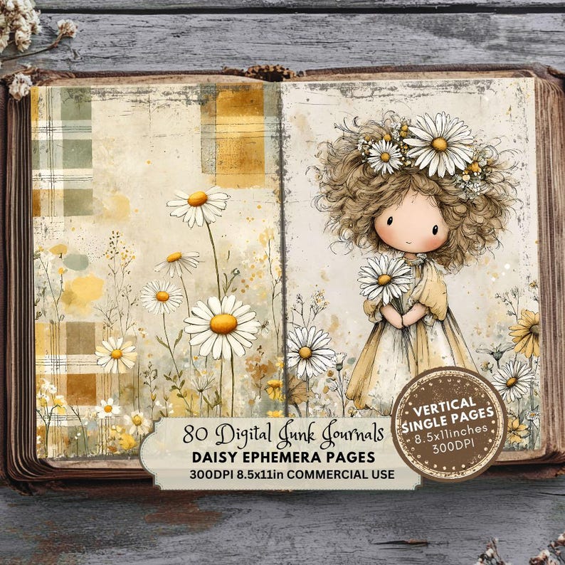 Peut inclure: Livre ouvert avec des illustrations de marguerites et une fille de dessin anim&eacute; portant une couronne de marguerites. Les pages pr&eacute;sentent une esth&eacute;tique vintage avec des accents jaunes et verts. Texte : "80 Digital Junk Journals, Daisy Ephemera Pages, 21.6x28cm, 300 DPI, Commercial Use."