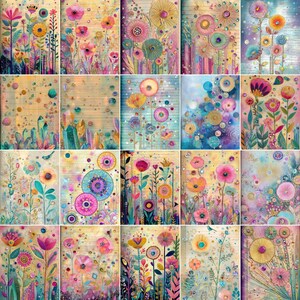 May include: A collage of 20 digital paintings featuring colorful flowers with intricate details. Each painting has a unique background with textures and patterns. The flowers are stylized and whimsical, with a variety of shapes and sizes.