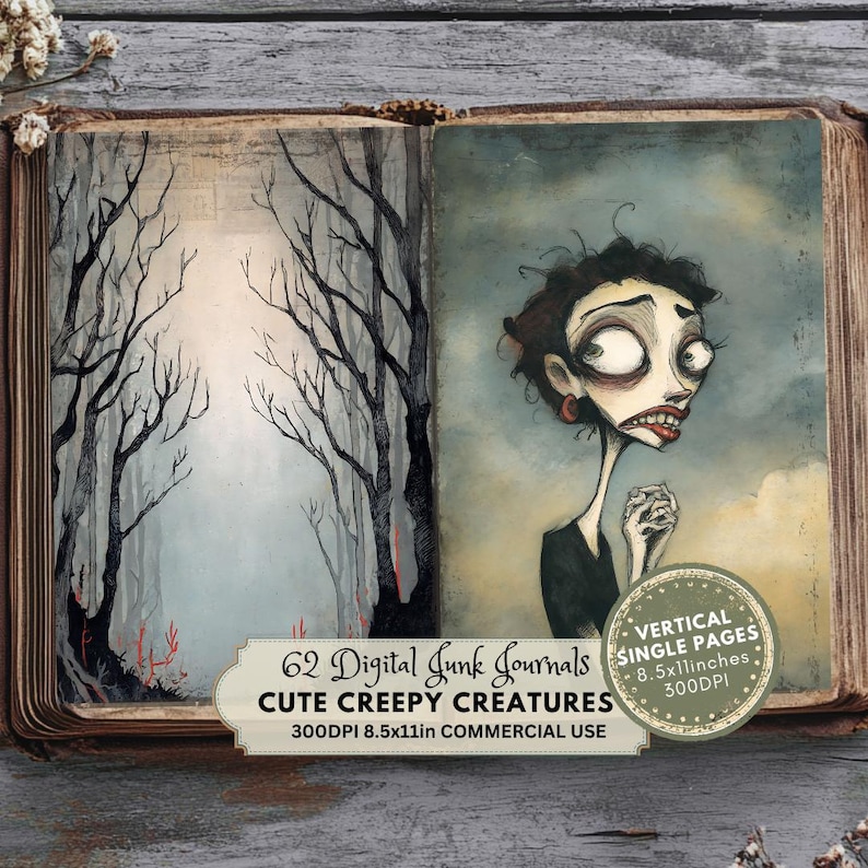 Woman in the woods, Frankenstein Junk Journal Kit, Digital Download, Printable Ephemera, Scrapbook Collage, Halloween Craft Ideas, Creepy Creatures Caricatures