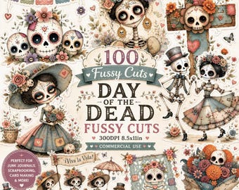 Day of the Dead Fussy Cuts Bundle, Dia de los Muertos Ephemera, Catrina Sticker Pack, Sugar Skull Cutouts