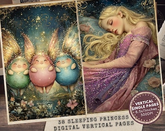 May include: A digital download of 38 vertical printable pages featuring a sleeping princess and three fairies with wings. The princess is wearing a pink and purple dress and has long blonde hair. The fairies are wearing green, pink, and blue dresses. The background is a dark blue with gold glitter.