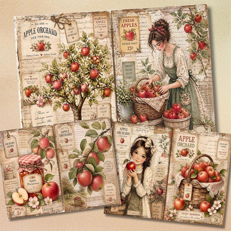 Apple Harvest Double Pages, Fall Cottagecore Journal Kit, Rustic Orchard Ephemera, Cozy Farmhouse Papers image 12