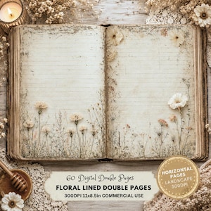 Pode incluir: Um livro aberto com páginas pautadas em tom creme envelhecido, apresentando ilustrações delicadas de flores silvestres secas na parte inferior e nas laterais. O texto na sobreposição diz 60 Digital Double Pages, Floral Lined Double Pages, 300DPI 27,9x21,6cm Commercial Use.