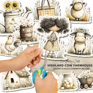 May include: A collection of watercolor-style stickers featuring a farmhouse theme. Includes images of a girl, sheep, cow, rooster, flowers, watering can, picnic basket, and a small house. Text on the image reads "70 Fussy Cuts HIGHLAND COW FARMHOUSE 300DPI 8.5x11in COMMERCIAL USE."