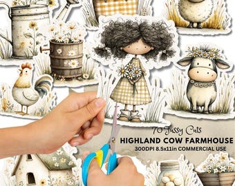 Highland Cow Fussy Cuts: Farmhouse Ephemera, Countryside Stickers (Digital Download)