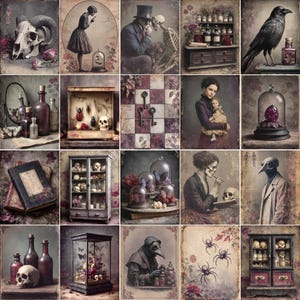 K&ouml;nnte beinhalten: Eine Sammlung von Vintage-Drucken mit gotischen und makabren Themen. Die Bilder zeigen Sch&auml;del, Insekten, Raben und antike medizinische Ger&auml;te. Die Farbpalette umfasst tiefe Rott&ouml;ne, Purpurt&ouml;ne und Braunt&ouml;ne, mit floralen Akzenten und gealterten Papierstrukturen.