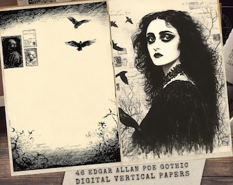 May include: A digital paper pack with a gothic theme featuring a black and white illustration of a woman with dark hair and a black dress. The text "46 EDGAR ALLAN POE GOTHIC DIGITAL VERTICAL PAPERS" is at the bottom of the image.