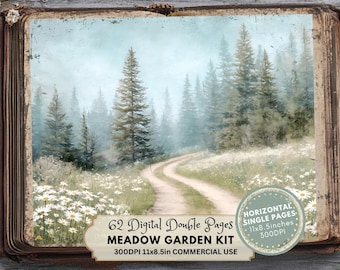 Meadow Garden Junk Journal Kit: Floral Ephemera, Scrapbook Pages (Digital Download 11x8.5 inches JPGs)