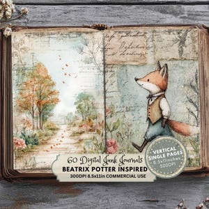 Puede incluir: Libro abierto con una ilustración en acuarela de un zorro caminando en la página derecha. La página izquierda muestra un camino a través de un bosque. El texto en la parte inferior dice "60 Digital Junk Journals Beatrix Potter Inspired 8.5x11 pulgadas".