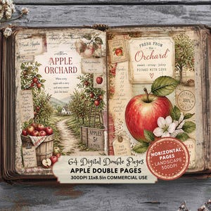 May include: An open book displaying two pages of vintage-style apple orchard illustrations. The left page features a path through trees and a wooden crate of apples. The right page shows a large red apple, blossoms, and text reading Fresh From The Orchard, 64 Digital Double Pages, 300DPI 11x8.5in Commercial Use.