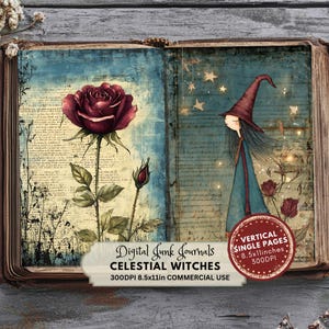 Celestial Witch Junk Journal Kit, Astronomy Journal Supplies, afdrukbare hemelse efemere verschijnselen, digitaal plakboek, collage maan en sterren