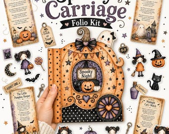 Halloween Folio Kit, Spooky Night Carriage Printable, Haunted House Ephemera, Pumpkin Carriage
