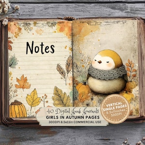 cute chubby bird, note lined page, Printable Junk Journal Pages, Autumn Digital Download, Cozy Fall Ephemera, Scrapbook Paper, Instant Access, Quirky Girls with Flowers in Autumn