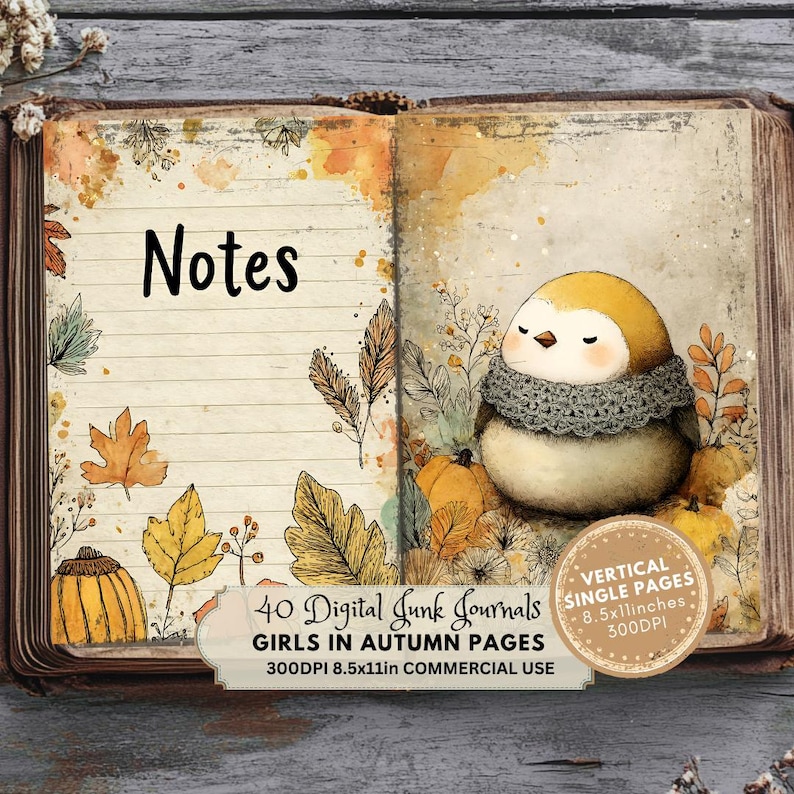 cute chubby bird, note lined page, Printable Junk Journal Pages, Autumn Digital Download, Cozy Fall Ephemera, Scrapbook Paper, Instant Access, Quirky Girls with Flowers in Autumn