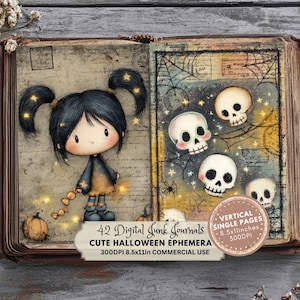 Cute Halloween Pages, Vertical Pages, Vol 2, Vintage Autumn, Scrapbooking, Junk Journal Kit, Decoration, Collage, Spooky, Halloween For Kids