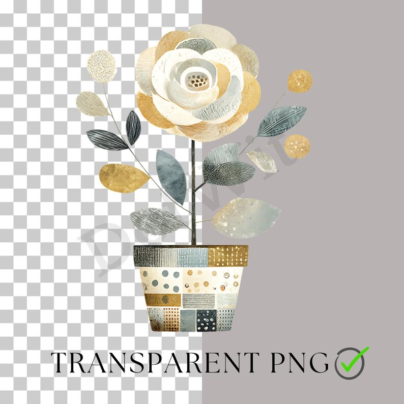 K&ouml;nnte beinhalten: Aquarell-Illustration einer stilisierten Blume in einem gemusterten Topf. Die Blume hat wei&szlig;e und goldene Bl&uuml;tenbl&auml;tter mit grauen und goldenen Bl&auml;ttern. Der Topf ist mit einem Patchwork-Design in verschiedenen Farben verziert. Der Text "TRANSPARENT PNG" steht unten.