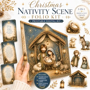 Interactive Nativity Folio Kit, Printable Christmas Paper Craft, Faith-Based Bible Journal Project