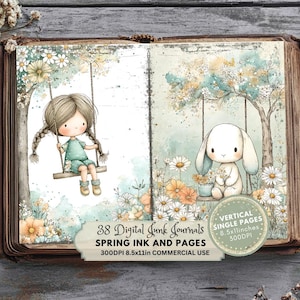 girl in a swing, bunny, Bright Spring Junk Journal Kit, Colorful Printable Ephemera, Digital Scrapbook Pages for Creative Projects, Ink and Pages Spring Girls
