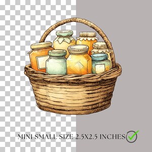 Puede incluir: Ilustraci&oacute;n acuarela de una cesta de mimbre llena de varios tarros de conservas. Los tarros tienen diferentes formas y colores, con etiquetas y tapas. La cesta tiene un asa. El texto "MINI SMALL SIZE 6.35X6.35 CENT&Iacute;METROS" est&aacute; en la parte inferior.