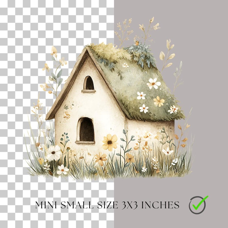 May include: Watercolor illustration of a small cottage with a thatched roof, surrounded by wildflowers and greenery. The cottage has arched windows and a door. The text "MINI SMALL SIZE 3X3 INCHES" is at the bottom.