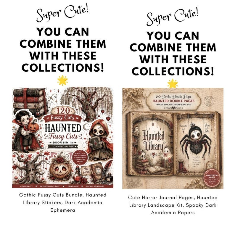 May include: Two digital product displays featuring haunted themes. The left shows 120 Fussy Cuts with a vampire, pumpkin, and tree. The right shows 60 Haunted Double Pages including a library and spider illustration, both labeled Super Cute!