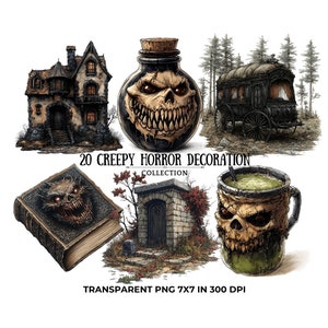 20 Gruselige Horror Dekoration Clipart PNG | Spukhaus, Schädelglas, Spukbuch, Kutsche, Grab, Hexentrank für Halloween Designs