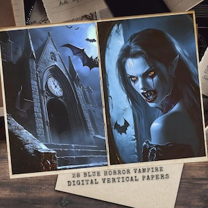 May include: A digital collage of two images. The left image shows a dark blue building with a clock tower and bats flying in the night sky. The right image shows a vampire woman with glowing eyes and fangs, looking out of a window. The text at the bottom reads "28 BLUE HORROR VAMPIRE DIGITAL VERTICAL PAPERS".