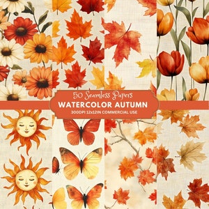 Autumn Seamless Papers, Cozy Digital Patterns, Fall Scrapbooking, Watercolor Designs, Printable Paper Pack