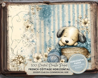 Blue French Cottage Landscape Pages: Vintage Floral Ephemera (LANDSCAPE Version)