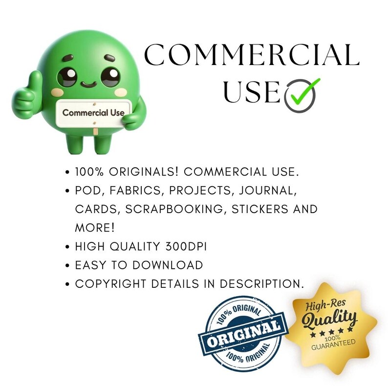 May include: A green cartoon character with a thumbs-up gesture holds a sign that says "Commercial Use." The image includes text indicating the product is for commercial use, high quality, and easy to download. There are also "Original" and "High-Res Quality" seals.