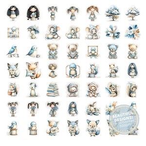 May include: A collection of watercolor stickers featuring various adorable characters and objects in shades of blue, beige, and brown. The stickers include animals, dolls, and floral elements. The text "BEAUTIFUL DESIGNS! 8.5x11inches 300DPI" is visible.