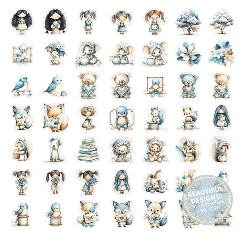 May include: A collection of watercolor stickers featuring various adorable characters and objects in shades of blue, beige, and brown. The stickers include animals, dolls, and floral elements. The text "BEAUTIFUL DESIGNS! 8.5x11inches 300DPI" is visible.