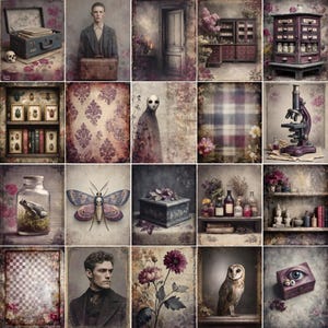 K&ouml;nnte beinhalten: Eine Collage von Bildern im Vintage-Stil mit einer Vielzahl von Objekten und Szenen. Die Bilder zeigen eine Person mit einem Koffer, eine Motte, ein Mikroskop, ein Glas mit einem Frosch, eine Box mit einem Auge und einen Schrank mit Gl&auml;sern.