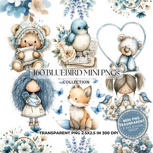 Peut inclure: Illustrations à l'aquarelle avec un ours en peluche, un oiseau bleu, un renard et une poupée, avec des accents floraux bleus et crème. Le texte indique "160 BLUEBIRD MINI PNGS COLLECTION" et "TRANSPARENT PNG 2.5X2.5 IN 300 DPI".