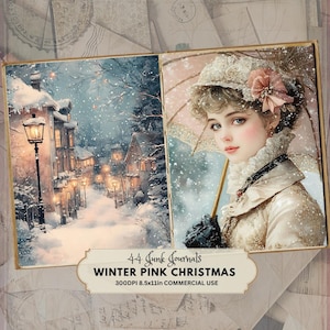 Páginas de diario basura de Navidad en color rosa - Efímeras vintage - Kit de álbum de recortes digital - Hojas imprimibles para las fiestas - Páginas de diario basura de invierno ruso