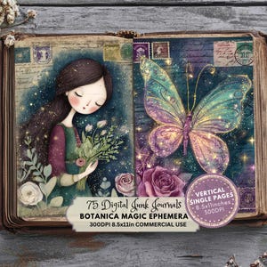 Puede incluir: Un diario digital con una ilustración caprichosa. El diario presenta a una niña sosteniendo flores y una gran mariposa con acentos morados, verde azulado y dorados. El texto incluye "75 Digital Junk Journals". El diario mide 21,6 x 27,9 cm.