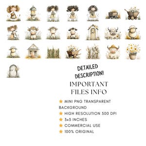 May include: Watercolor illustrations of farm-themed elements, including girls, animals, buildings, and floral arrangements. The image includes text that says "DETAILED DESCRIPTION! IMPORTANT FILES INFO". The image is 3x3 inches.