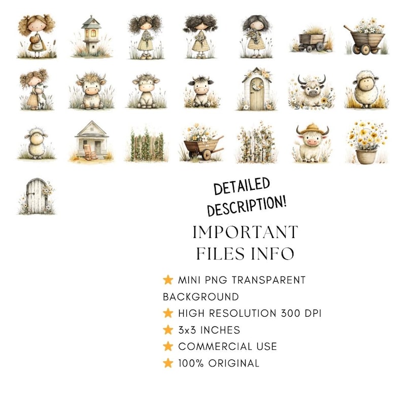 May include: Watercolor illustrations of farm-themed elements, including girls, animals, buildings, and floral arrangements. The image includes text that says "DETAILED DESCRIPTION! IMPORTANT FILES INFO". The image is 3x3 inches.