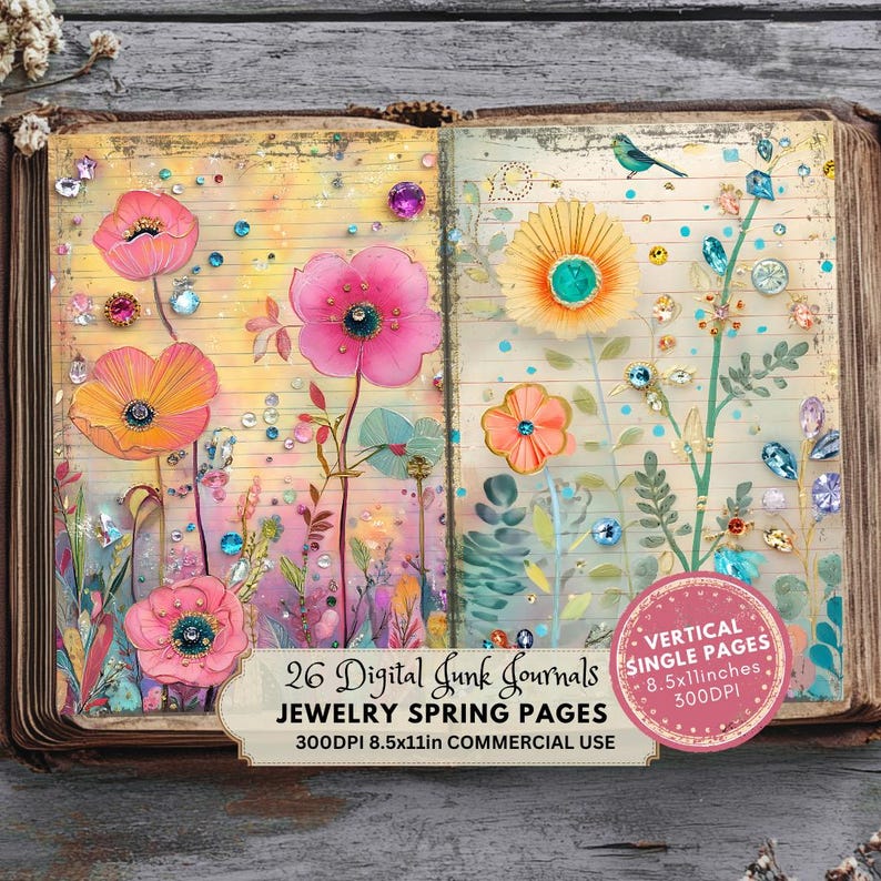 Mixed Media Spring flowers with glitter and gemstones