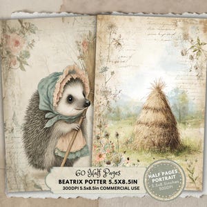 Puede incluir: Ilustración de estilo vintage con un erizo con un gorro sosteniendo una escoba, con un pajar en el fondo. El texto dice "Beatrix Potter 5.5x8.5in" y "60 Half Pages". La imagen mide 14 x 21.6 cm.