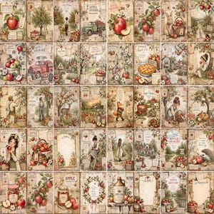 May include: A collection of rectangular paper sheets featuring vintage-style illustrations of apple orchards, farm scenes, rabbits, foxes, children, and baskets of apples, with some sheets including lined areas for notes and the text Apple Orchard.