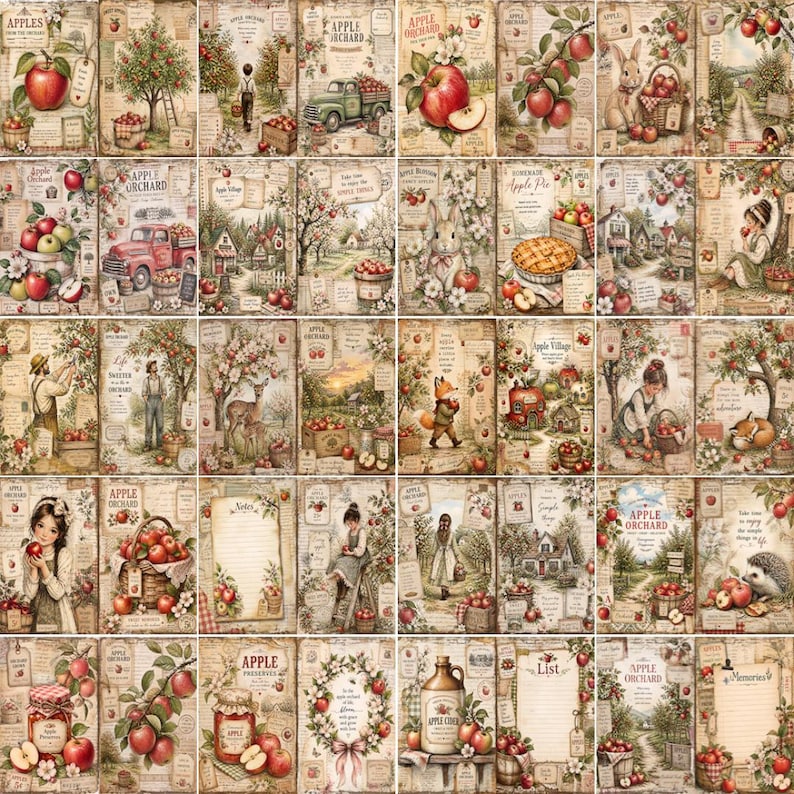 May include: A collection of rectangular paper sheets featuring vintage-style illustrations of apple orchards, farm scenes, rabbits, foxes, children, and baskets of apples, with some sheets including lined areas for notes and the text Apple Orchard.